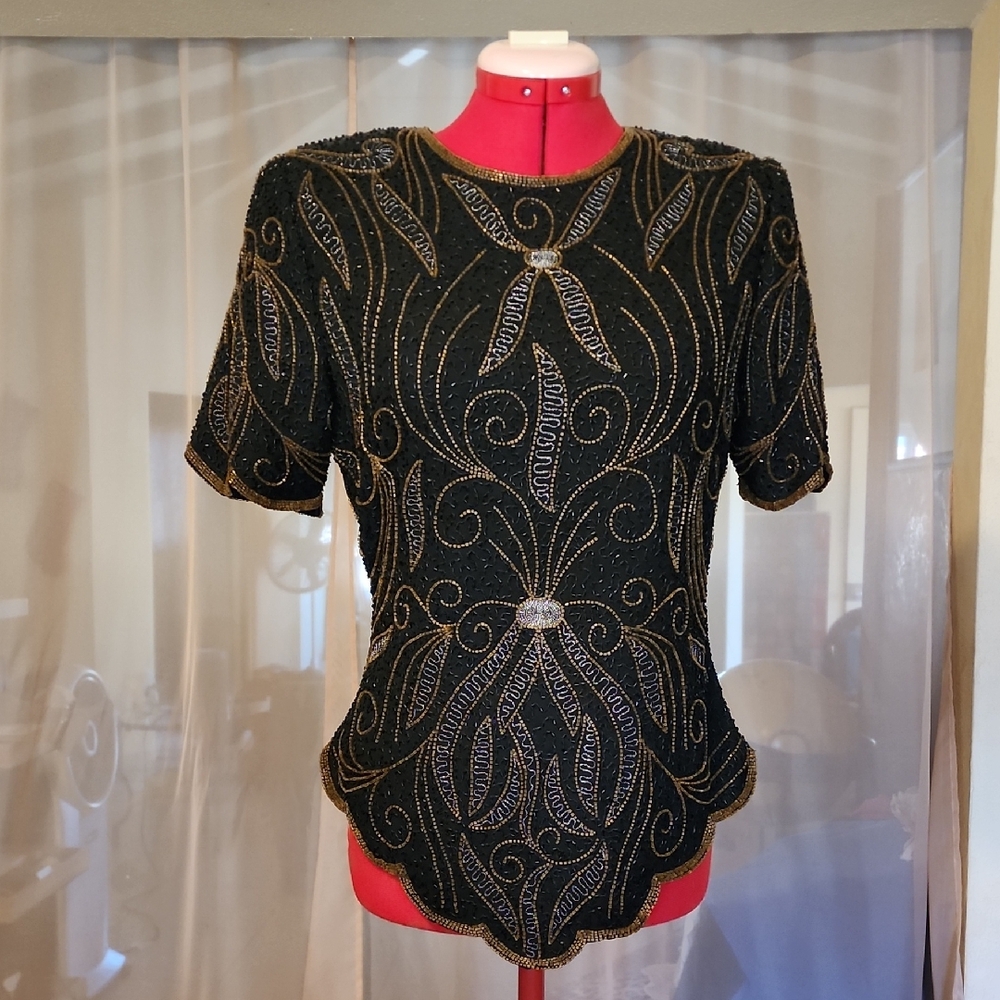 Unique STÉNAY Black and Gold SILK Beaded Top